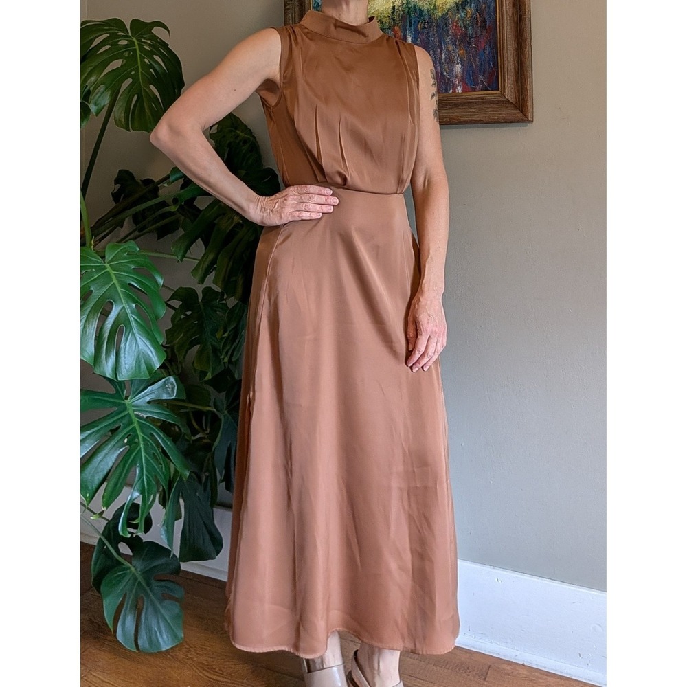 Pretty Garden Copper Satin Dress Maxi Sleeveless High Neck Size S Glam Luxury